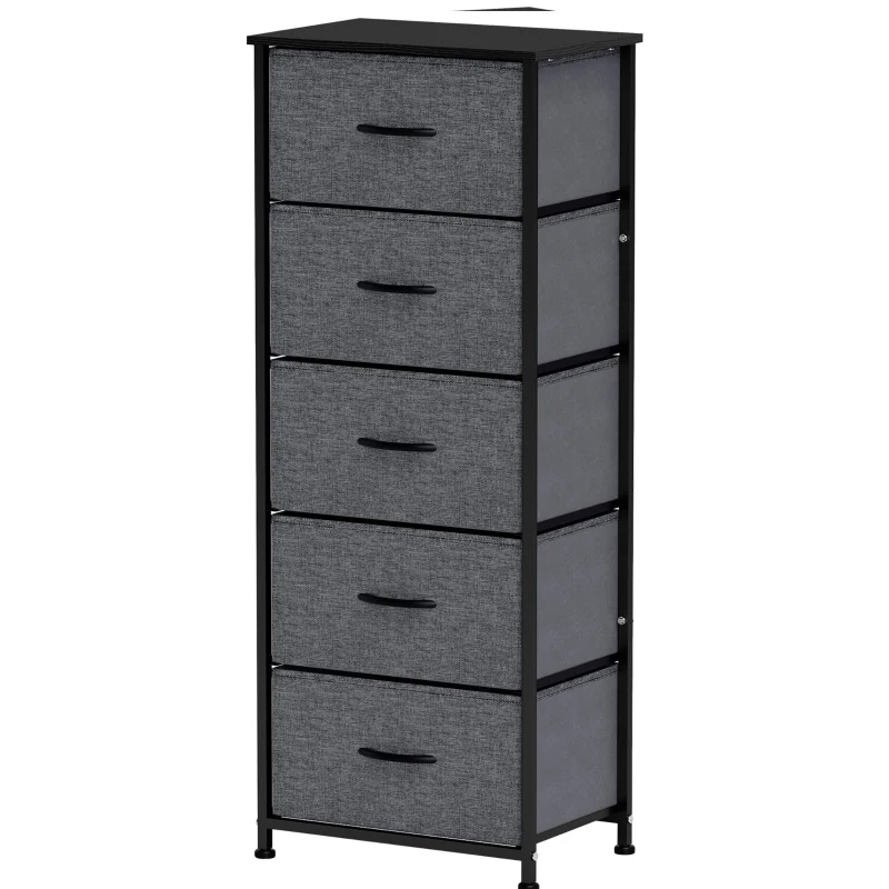 HOMCOM Comodă 5 sertare mobilier de depozitare sertar din material pliabil - structură din oțel negru - 45 x 30 x 116 cm gri închis