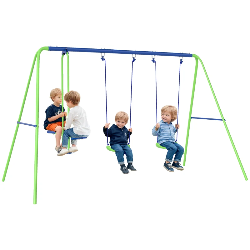 Outsunny Metal Garden Swing Set Height Adjustable Children Outdoor Backyard Play Set for Toddlers Over 3 Years Old, Green