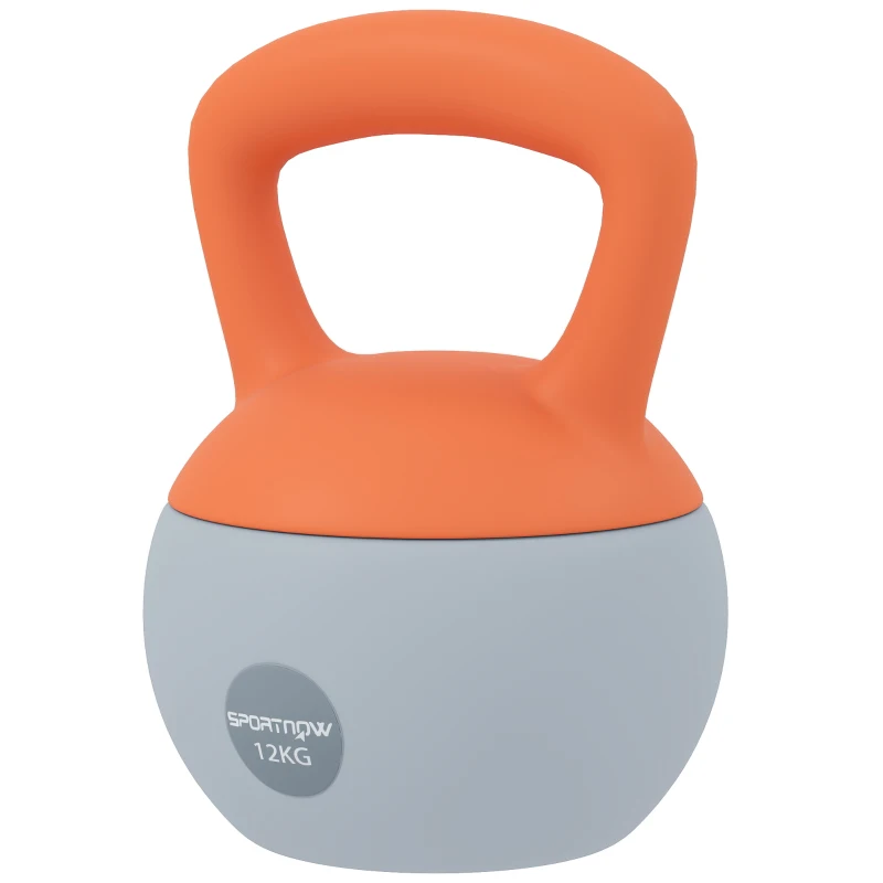 SPORTNOW Kettlebell 12 kg Riempita con Sabbia Metallica, Manico Antiscivolo 21x21x30 cm Arancione e Grigio