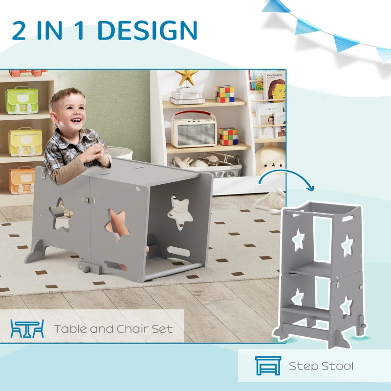 AIYAPLAY 2-in-1 Toddler Step Stool with Safety Rail for Kitchen, Bathroom, Grey