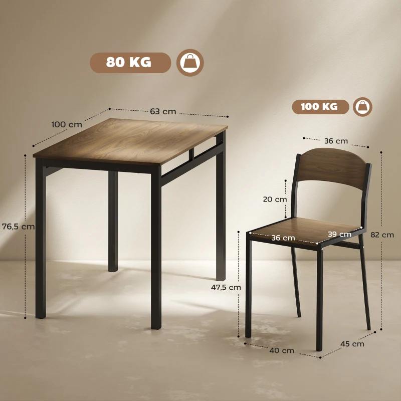 HOMCOM Juego de Mesa y 4 Sillas de Comedor Estilo Moderno Marco Metálico para Espacios Pequeños Marrón Oscuro y Negro