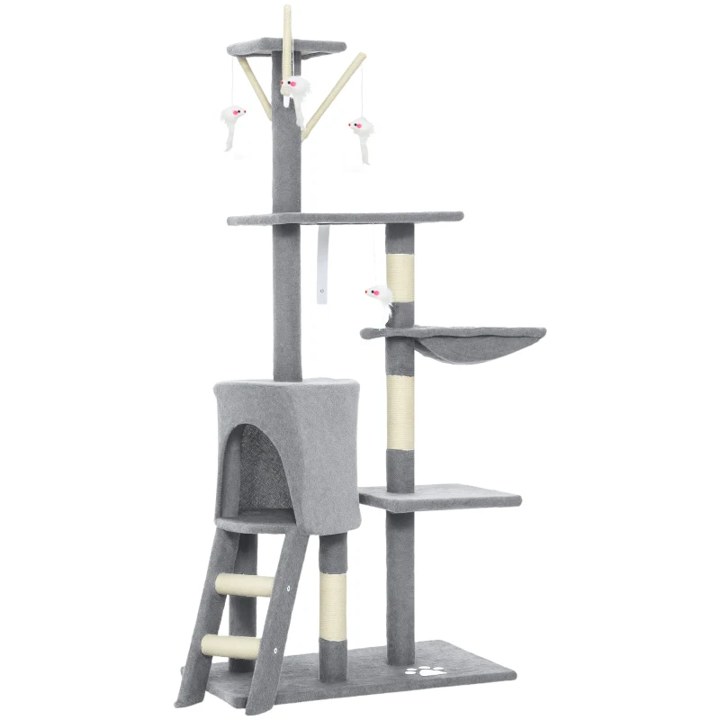 PawHut Albero Tiragraffi per Gatti con 6 Pali 3 Piattaforme Tana Amaca Scala e 4 Giocattoli Appesi, 134 cm, Grigio