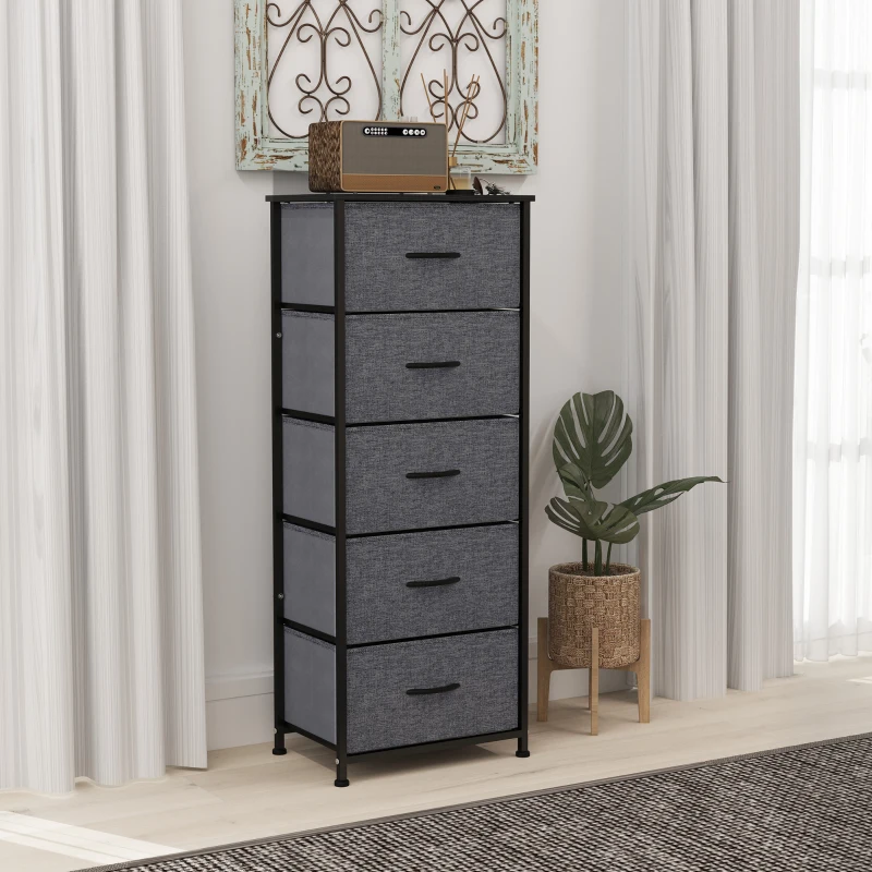 HOMCOM Comodă 5 sertare mobilier de depozitare sertar din material pliabil - structură din oțel negru - 45 x 30 x 116 cm gri închis