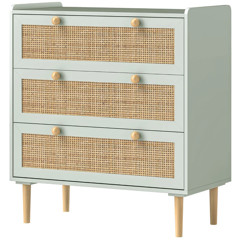 HOMCOM Comodă design boho din ratan cu 3 sertare, mobilier de depozitare pentru living, hol, intrare, verde măsliniu