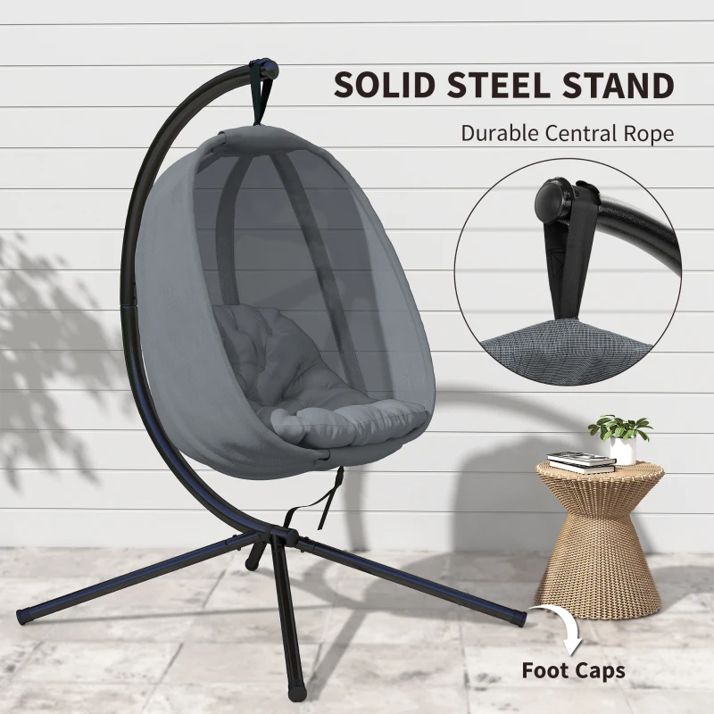 Outsunny Hanging Egg Chair, Folding Texteline Swing Hammock with Side Pocket, Cushion and Stand for Indoor Outdoor, Patio Garden Furniture, Grey