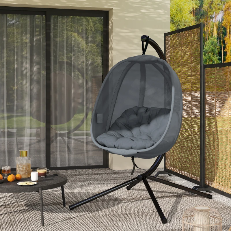 Outsunny Hanging Egg Chair, Folding Texteline Swing Hammock with Side Pocket, Cushion and Stand for Indoor Outdoor, Patio Garden Furniture, Grey