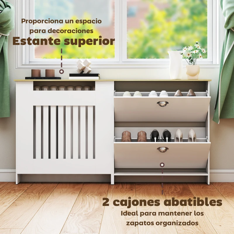 HOMCOM Cubre Radiadores con Zapatero Cubierta para Radiador con 2 Cajones Abatibles 152x19x81 cm Blanco