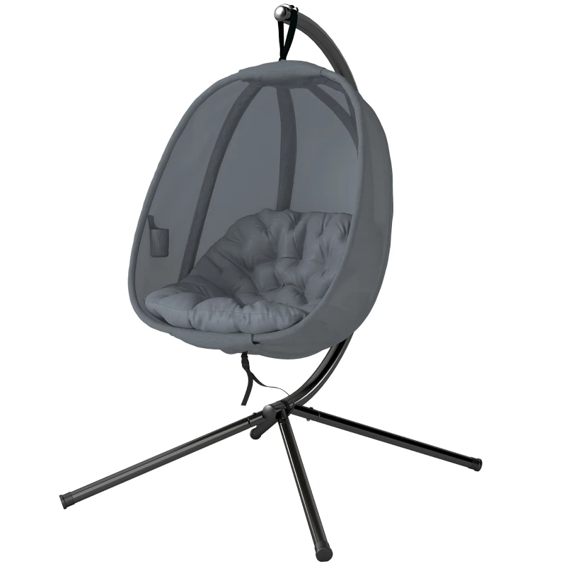 Outsunny Hanging Egg Chair, Folding Texteline Swing Hammock with Side Pocket, Cushion and Stand for Indoor Outdoor, Patio Garden Furniture, Grey