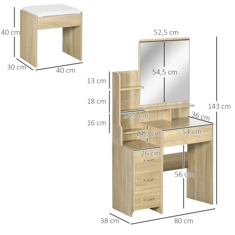 HOMCOM Toucador de Maquilhagem com Banco Espelho 4 Gavetas 4 Compartimentos de Armazenamento Estilo Moderno 80x38x143 cm Madeira