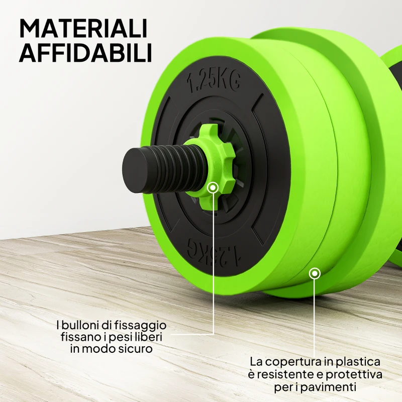 SPORTNOW Set Pesi da Palestra 4 in 1 da 20kg, Convertibile in Kettlebell, 2 Manubri, Bilanciere e Supporto Flessioni, Verde