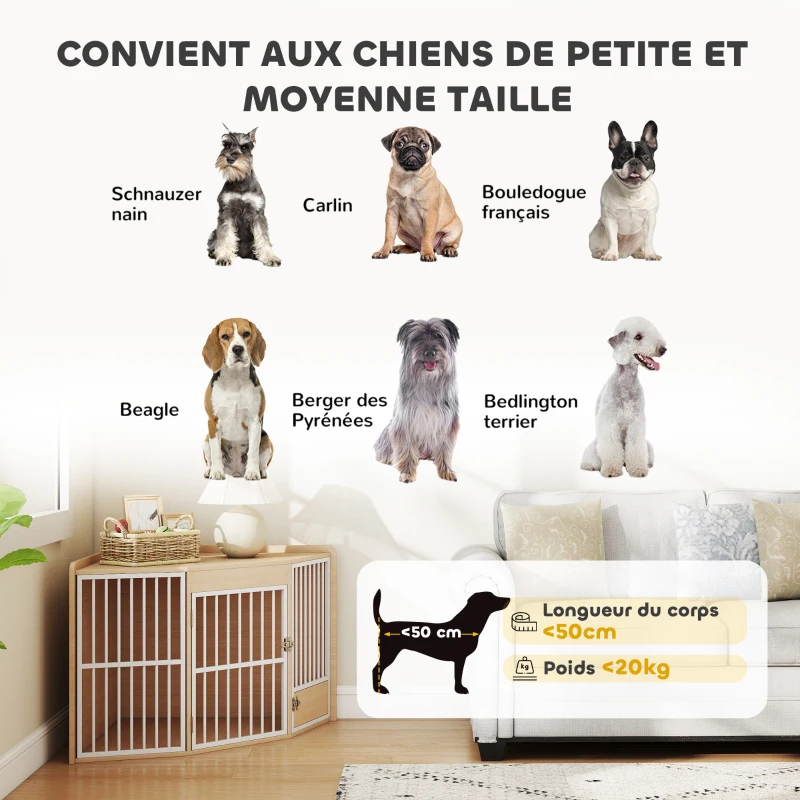 PawHut Cușcă de colț pentru câine, masă auxiliară, cu ușiță rotativă, pentru câini mici și mijlocii 113 x 80 x 64 cm, stejar