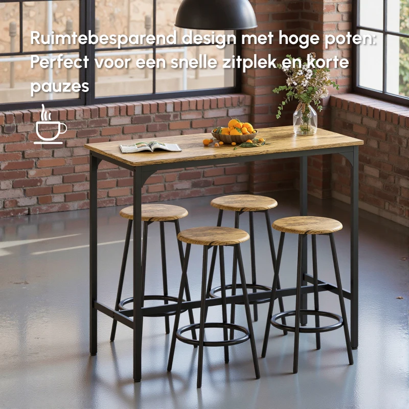 HOMCOM 5-delig. Bartafelset met industrieel design, 1 bartafel, 4 barkrukken, bankstel, aanrecht, zwart+bruin