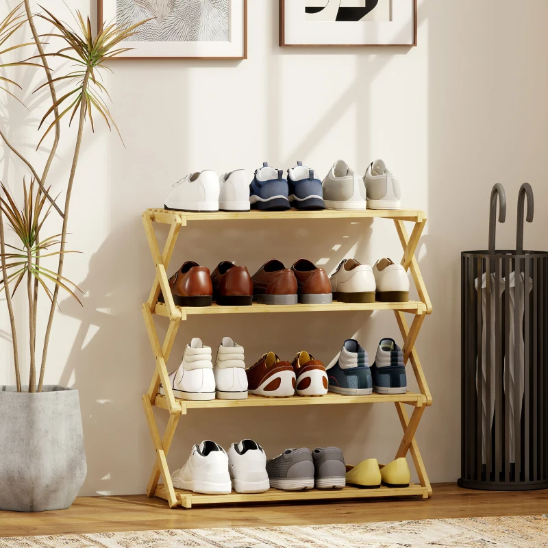 HOMCOM Zapatero Estrecho de Bambú Zapatero Vertical Plegable de 4 Niveles Sin Instalación Natural