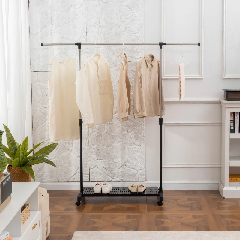 HOMCOM Tendedero Extensible con Ruedas con Barra de Acero Inoxidable y Estante para Zapatos 159x42x168 cm Negro y Plata