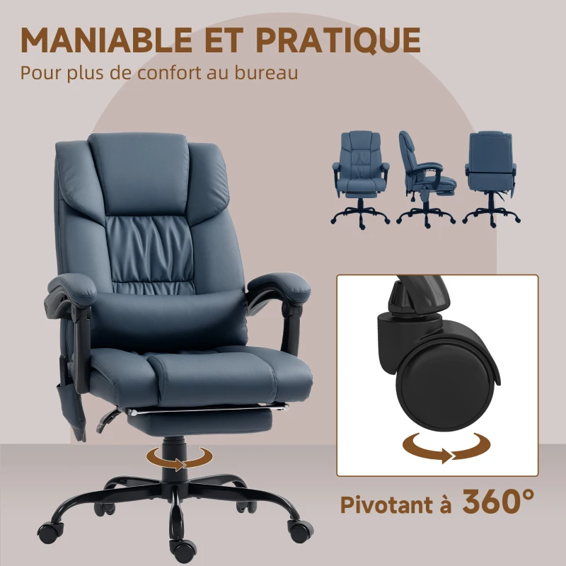 Vinsetto Fotoliu de birou masaj, suport pentru picioare, înălțime reglabilă, spătar înclinat, telecomandă cu fir, 66x75x122cm, albastru