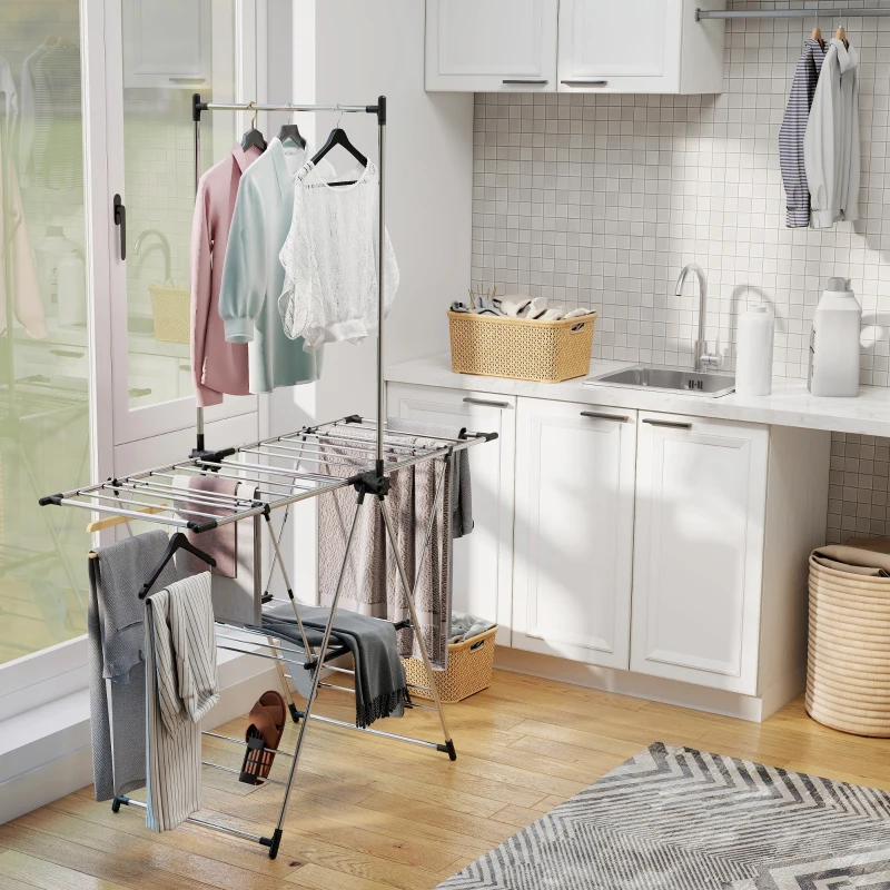 HOMCOM Tendedero Vertical Plegable con Alas Ajustables 4 Soportes para Calzado Barra y Estante 139x62,5x201 cm Plata