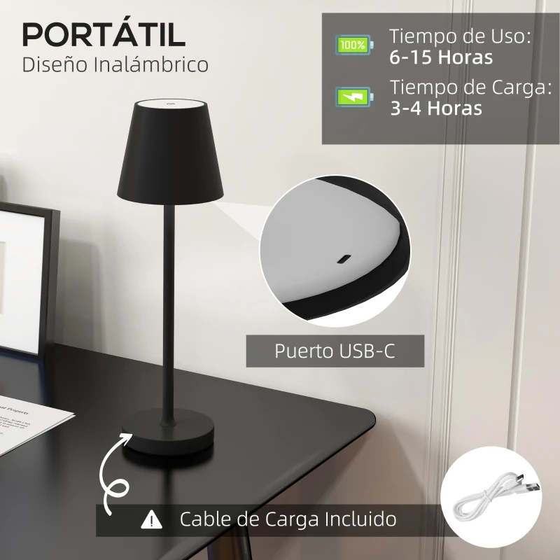 HOMCOM Lámpara de Mesita de Noche Inalámbrica con Luces LED Lámpara de Mesa USB-C Recargable 3 Colores Ø11,2x36,5 cm Negro