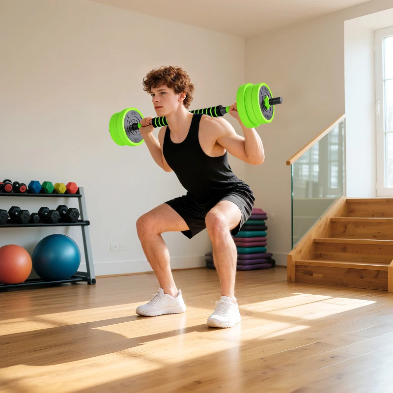 SPORTNOW Set Pesi da Palestra 4 in 1 da 20kg, Convertibile in Kettlebell, 2 Manubri, Bilanciere e Supporto Flessioni, Verde