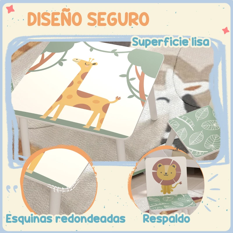AIYAPLAY Mesa y Sillas Infantiles de 3 Piezas Mesa Infantil con 2 Sillas de Madera de Pino para niños de +3 Años 60x60x44 cm Verde