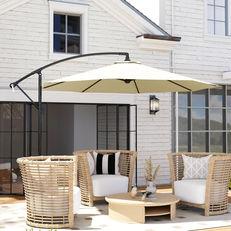 Outsunny 3 m Parasol Garden Sun Umbrella Banana Hanging Rattan Set Umbrella Cantilever - Cream white