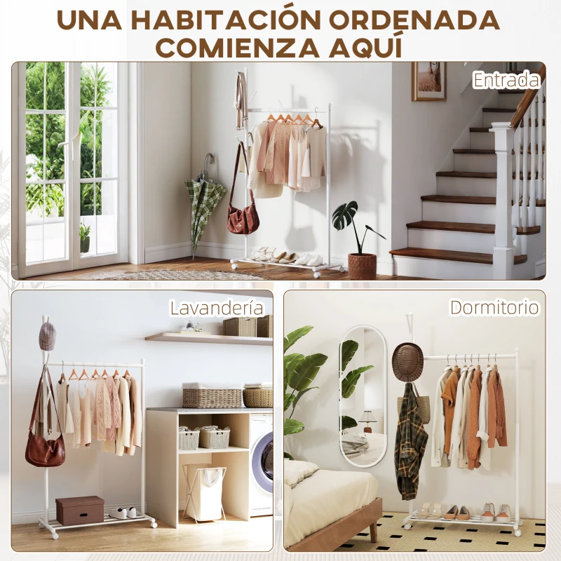 HOMCOM Burro para Ropa con Ruedas 5 Ganchos Barra para Colgar y Balda Inferior para Recibidor Entrada 86x43x171 cm Blanco