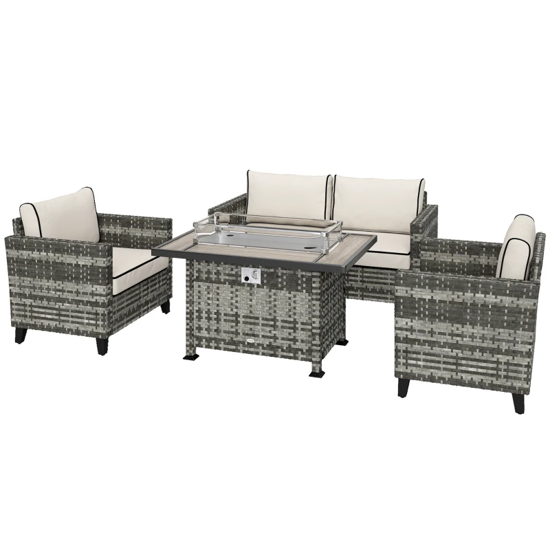Outsunny 5-Piece Rattan Patio Furniture Set with Gas Fire Pit Table, Loveseat Sofa, Armchairs, Cushions, Pillows, Grey