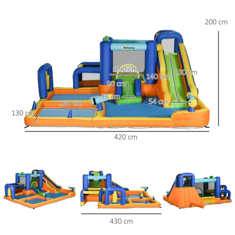 Outsunny Castel Gonflabil pentru Copii cu Tobogan Piscină Perete de Cățărat Inflator și Geantă de Transport 430x420x200cm Multicolor