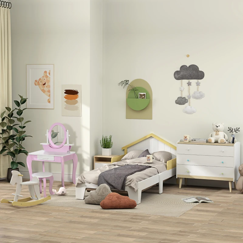 HOMCOM Pat pentru copii - structură pat cu tăblie în formă de casă și somieră cu lamele incluse - 90 x 190 cm- pin masiv alb