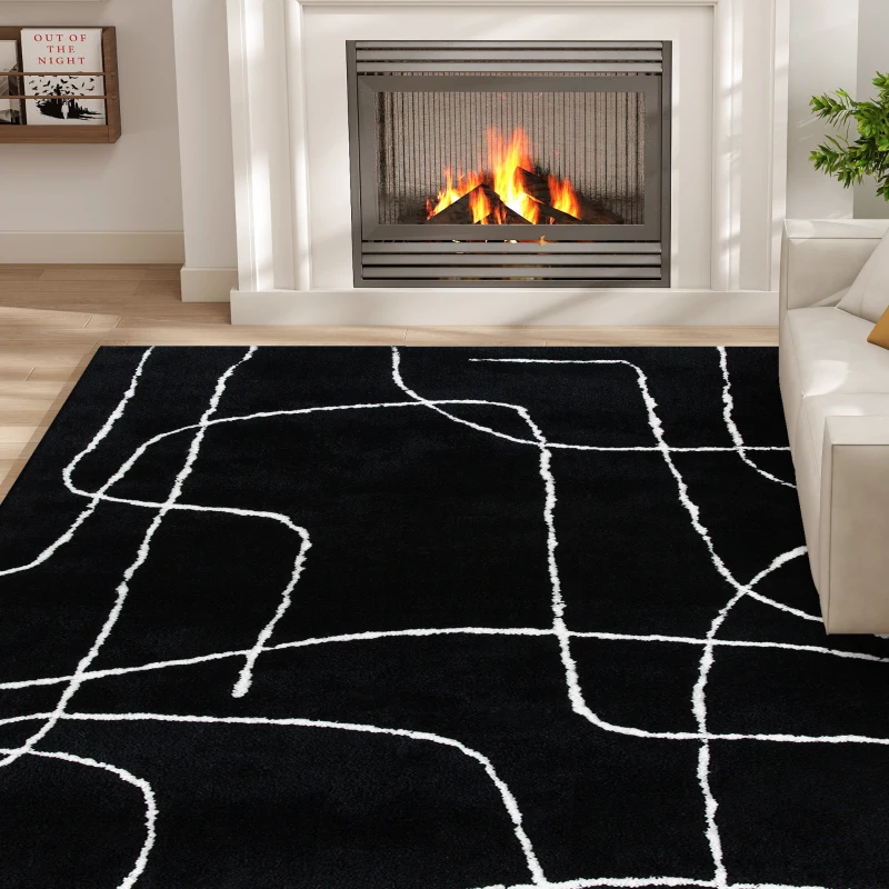 HOMCOM Modern Fluffy Area Rug, Geometric Pattern Washable Rug, Soft High Pile Floor Carpet for Living Room, Bedroom, Dining Room, Home Office, 170 x 120 cm, Black