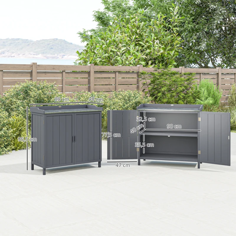 Outsunny Armoire de rangement de jardin sur pied, table de rempotage 2 en 1 double porte, étagère, plateau métal galvanisé - gris