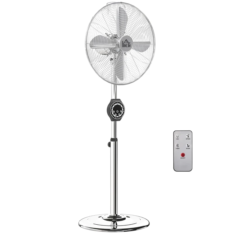 HOMCOM Ventilator pe picior cu înălțime reglabilă 120-135 cm, oscilație 75°, temporizator 7,5H, telecomandă, mod somn, argintiu