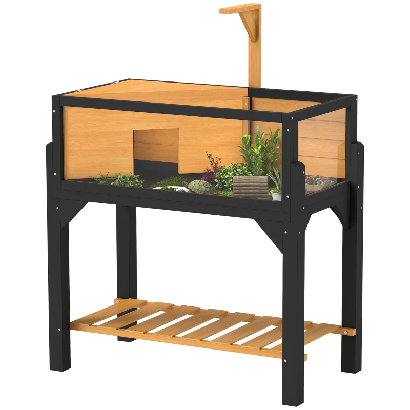 PawHut Wooden Tortoise House with Storage Shelf, Clear Observation Windows, Lamp Holder, Openable Top, Built-in Tray, Yellow