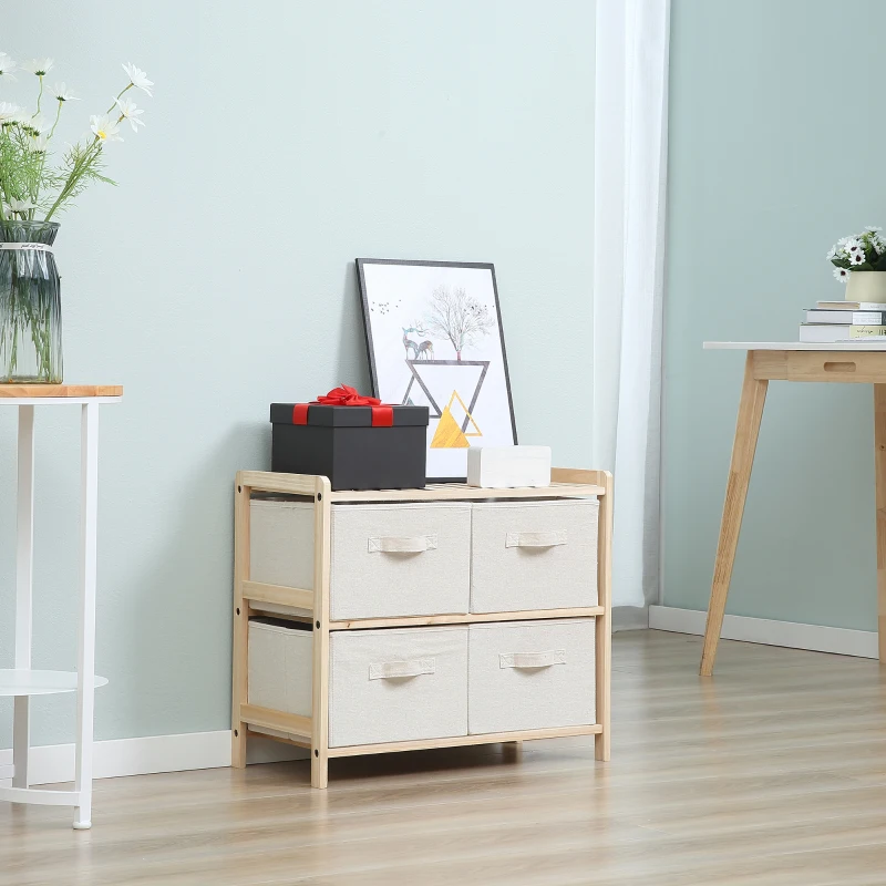 HOMCOM Comodă textilă de depozitare cu 4 sertare pliabile din țesătură de in, stil elegant, pentru dormitor birou sufragerie, 59 x 28 x 50 cm lemn natural bej
