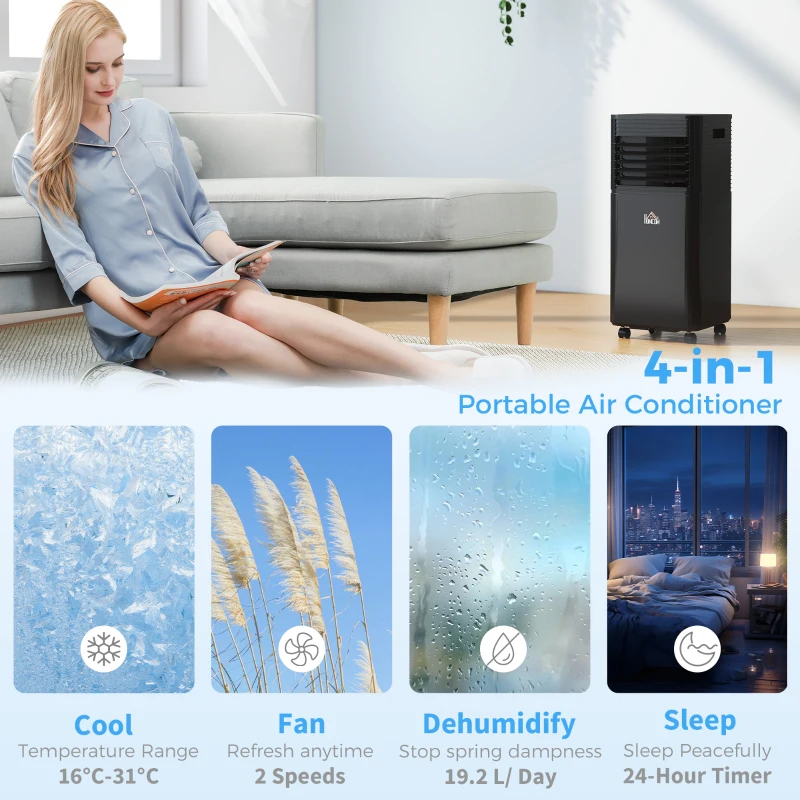 HOMCOM 7000 BTU 4-In-1 Portable Air Conditioner Unit Cooling Dehumidifying Ventilating  for Room up to 26m², with Fan, Remote, 24H Timer, Window Mount Kit, R290, A Energy Efficiency