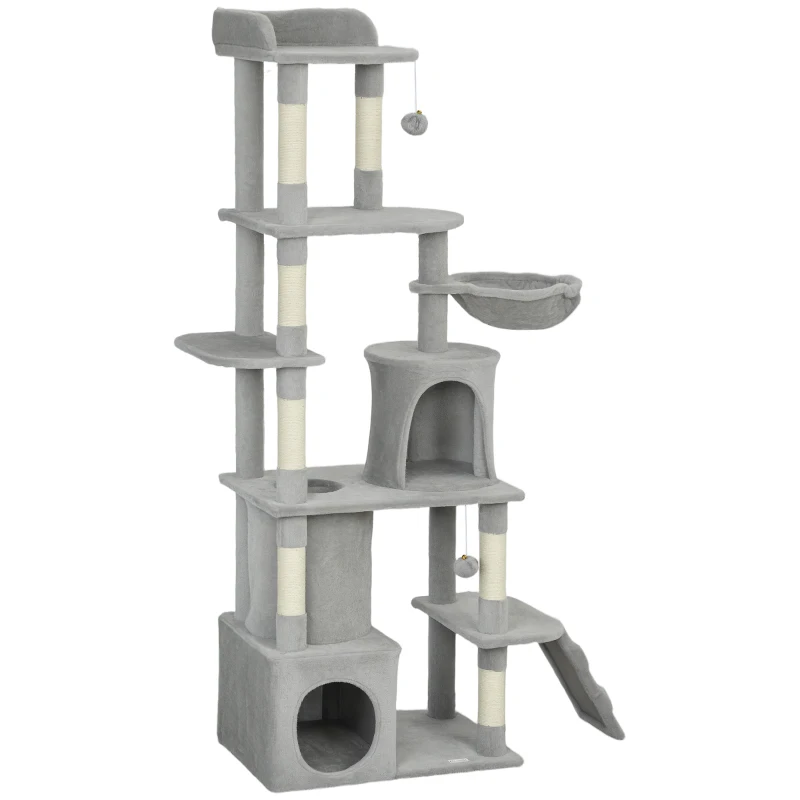 PawHut 170 cm Large Cat Tree, Cat Tower with 7 Scratching Posts, Tunnel, 2 Condos, Hammock, Perch, Ramp, Pompoms, Light Grey