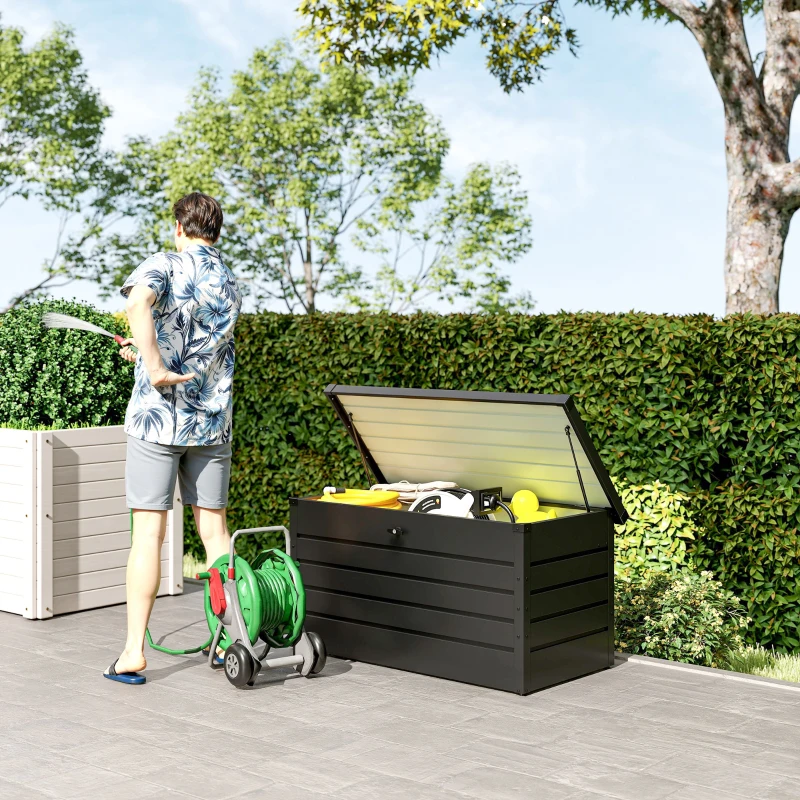 Outsunny Coffre de rangement exterieur XXL 311L coffre de jardin acier galvanisé verrouillable vérin à gaz 120x62x62cm gris foncé