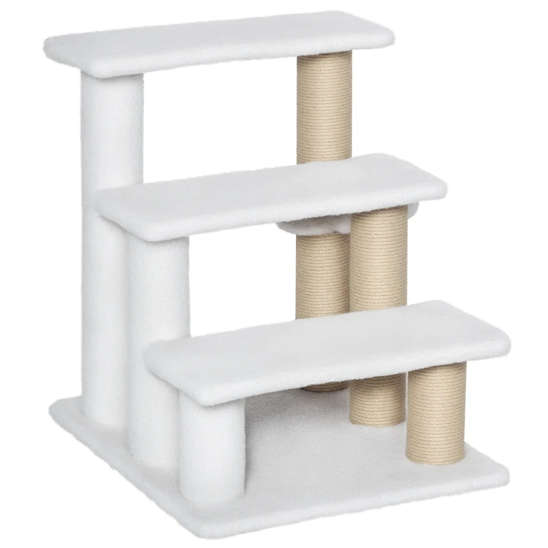 PawHut Pet Stair with 3-step Climb Ladder, Scratching Posts, Platforms, Toy Ball, for Indoor Elderly Cats Kittens, White