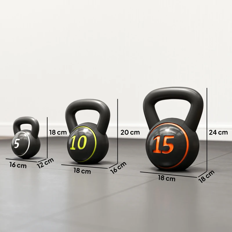 SPORTNOW Three-Piece Kettlebell Set, 5lbs, 10lbs, 15lbs with Storage Tray