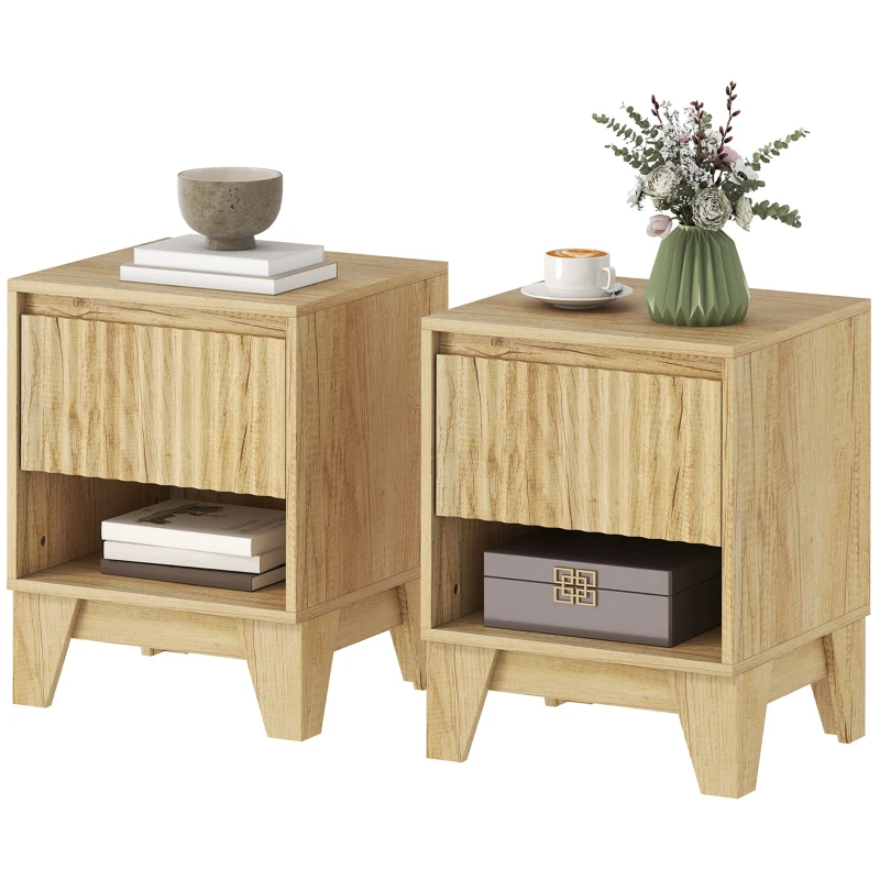 HOMCOM Set de 2 noptiere înguste, măsuță auxiliară compartiment deschis 1 sertar, panouri canelate 43x40x55cm natural