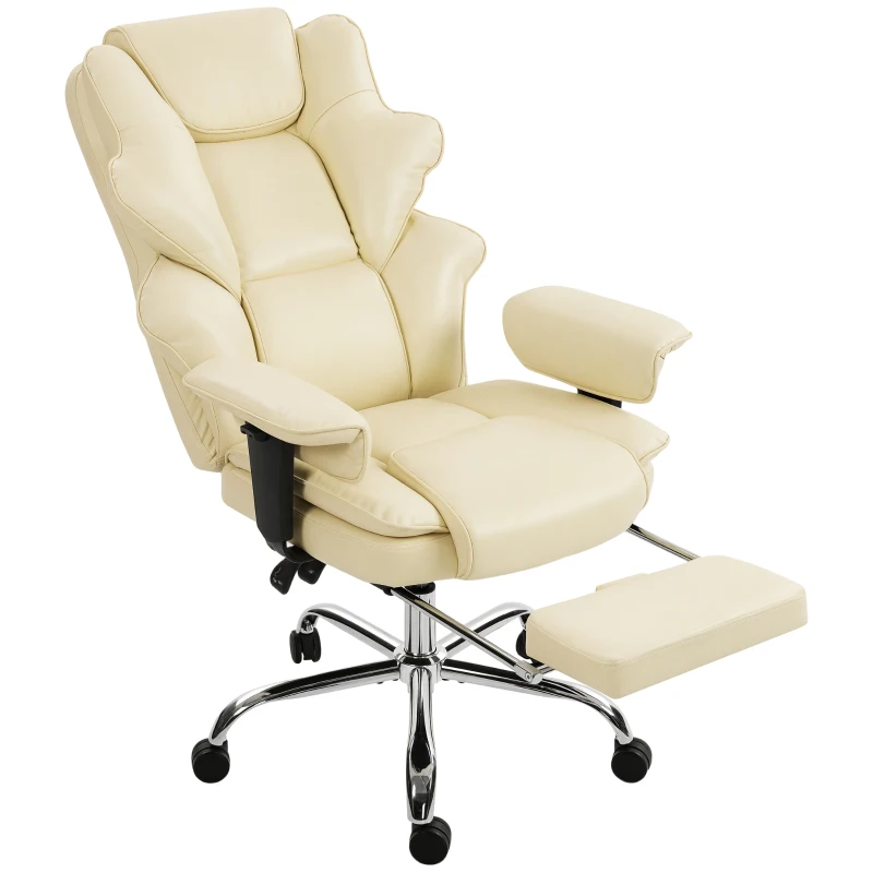 HOMCOM Chaise de bureau avec repose-pieds et appuie-tête, en cuir PU, mousse et métal, 76x73x117-125 cm, Blanc crème