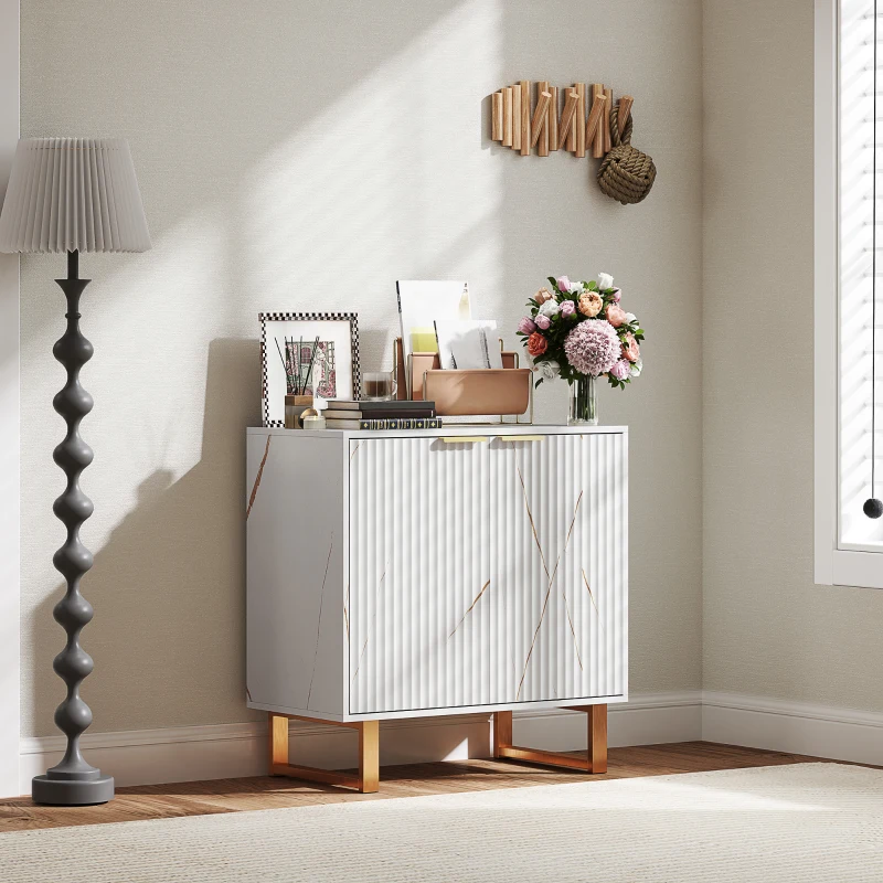 HOMCOM Bufet pentru living, mobilier de depozitare stil modern cu dulap cu 2 uși canelate, poliță reglabilă, picioare din metal, alb