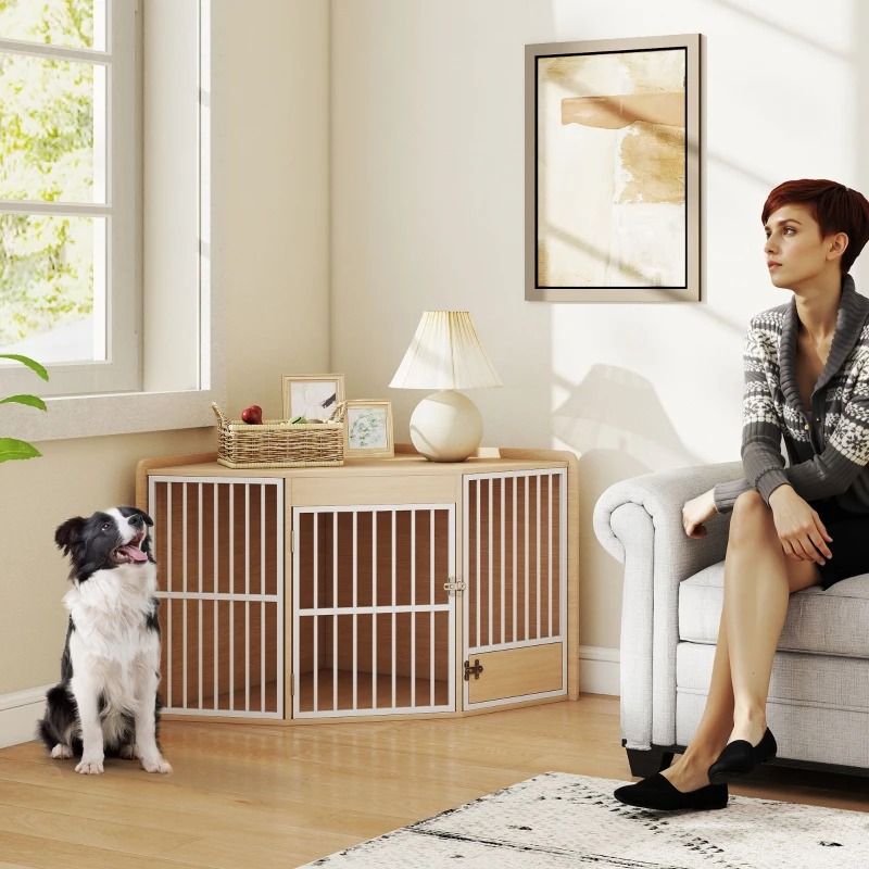 PawHut Cușcă de colț pentru câine, masă auxiliară, cu ușiță rotativă, pentru câini mici și mijlocii 113 x 80 x 64 cm, stejar