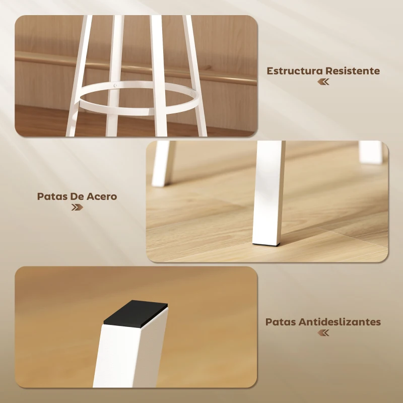 HOMCOM Juego de 2 Taburetes Altos de Cocina con Respaldo y Reposapiés Tapizados de PU Asiento de 75,5 cm Natural y Blanco