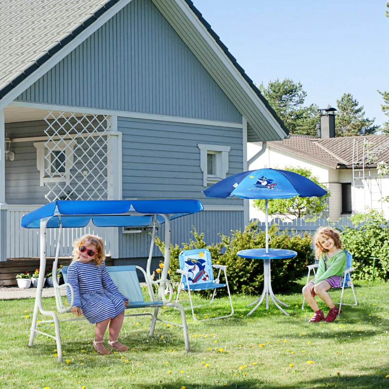 Outsunny 4-teiliges Gartenmöbel-Set für Kinder, mit Hai-Motiv, 1 Hollywoodschaukel, 2 Stühle, 1 Sonnenschirm mit Tisch, Blau
