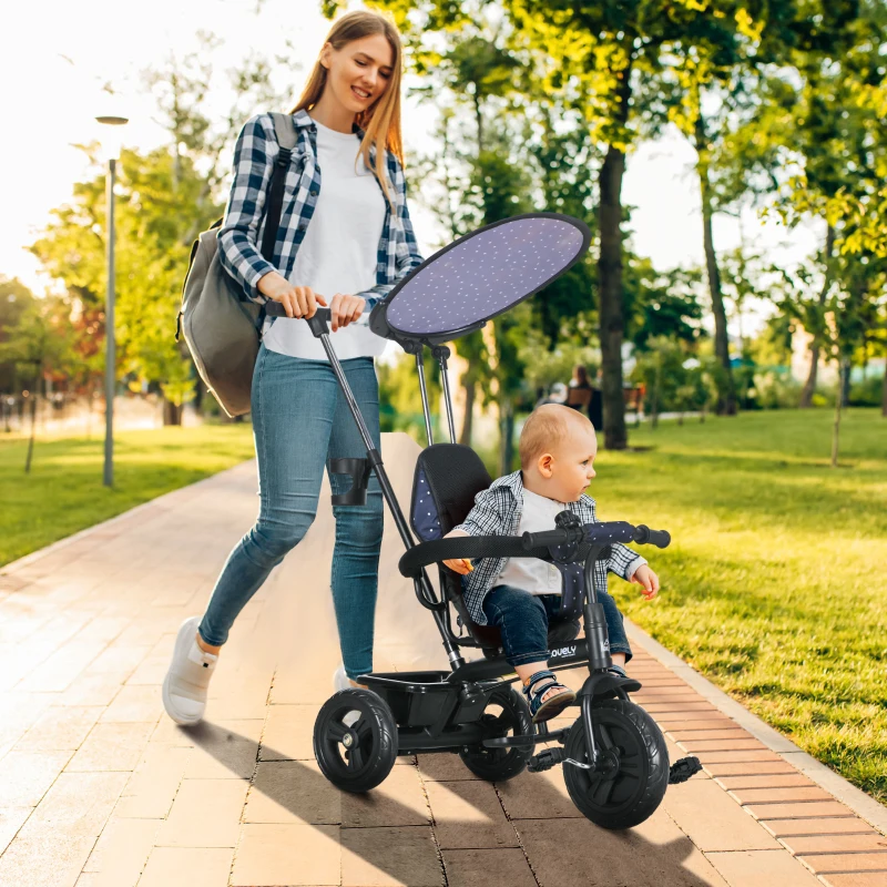 HOMCOM Triciclo infantil Capota plegable Mango extraíble Cesta de almacenamiento 105 x 47 x 98 cm Acero Azul y Negro