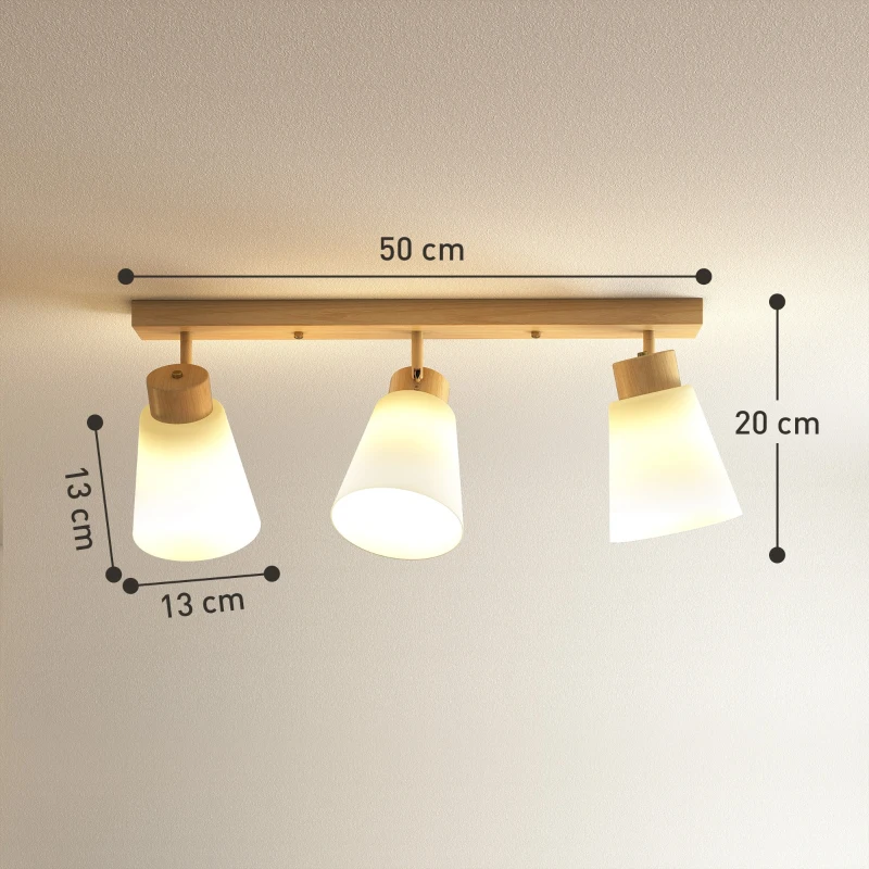 HOMCOM LED-plafondlamp 40 W met dubbele montage en 90° verstelbare kappen met 3 E27-fittingen Naturel hout