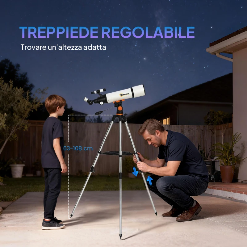 Outsunny Telescopio Astronómico 80mm con Montura EQ, 2 Lentes Oculares y Adaptador para Smartphone, 92x92x130 cm, Blanco y Negro
