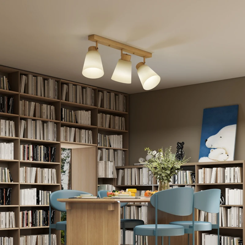 HOMCOM LED-plafondlamp 40 W met dubbele montage en 90° verstelbare kappen met 3 E27-fittingen Naturel hout