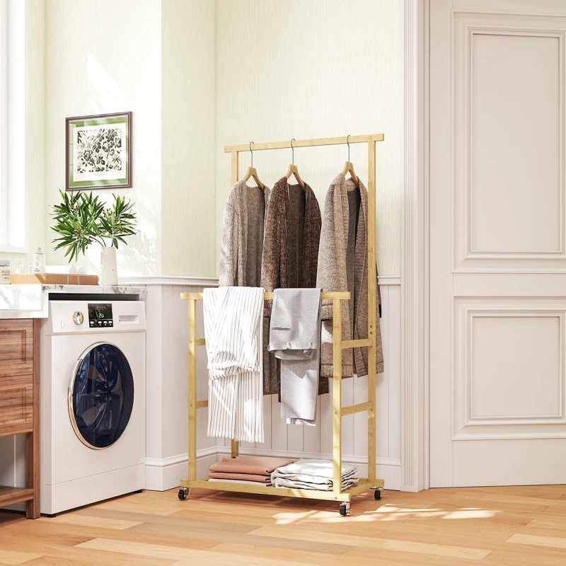 HOMCOM Perchero Colgador de Ropa de Bambú con Ruedas Estante para Zapatos 2 Barras para Colgar 80x40x160 cm Natural