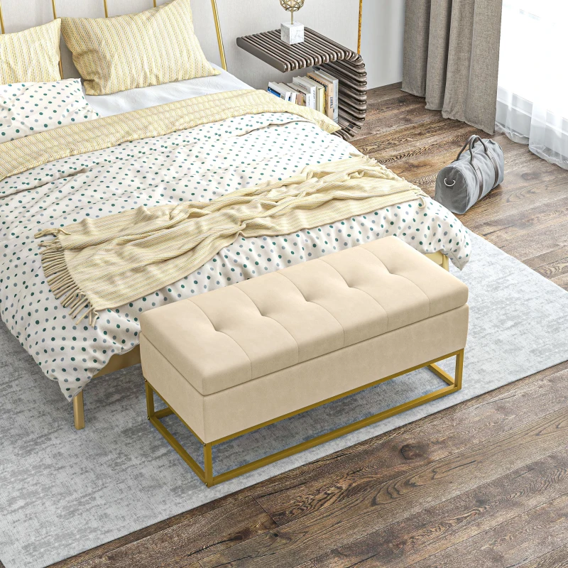 HOMCOM Bank met opbergruimte, decoratieve knoopstiksels, flanellen look, poten van vergulde staal, 110 x 47 x 46,5 cm